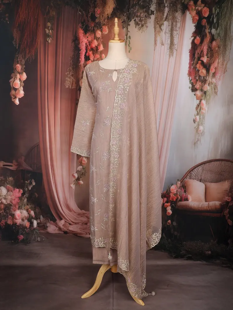 Mauve Floral Embroidered Tissue Silk Straight Cut Salwar Suit With Dupatta 1