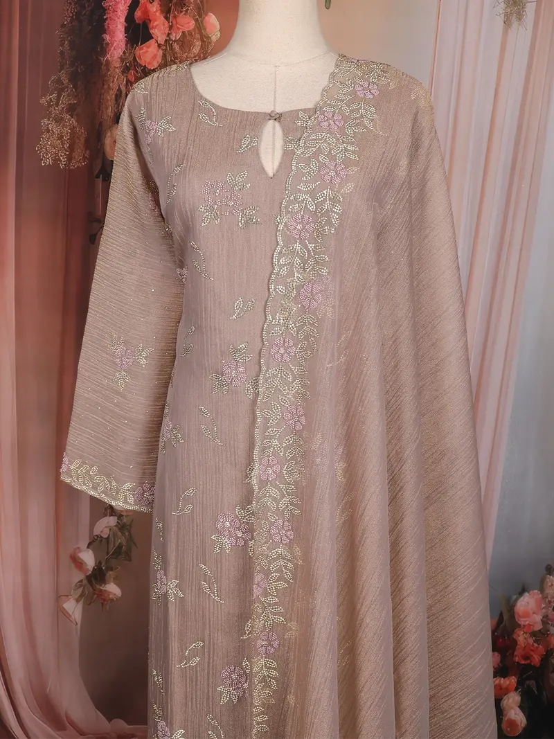 Mauve Floral Embroidered Tissue Silk Straight Cut Salwar Suit With Dupatta 2