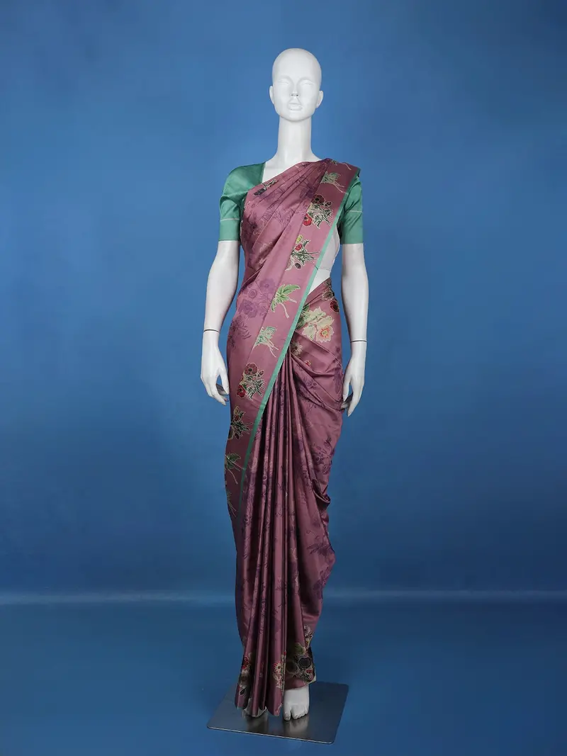 Mauve Floral Printed Tussar Silk Saree With Contrast Green Blouse 1