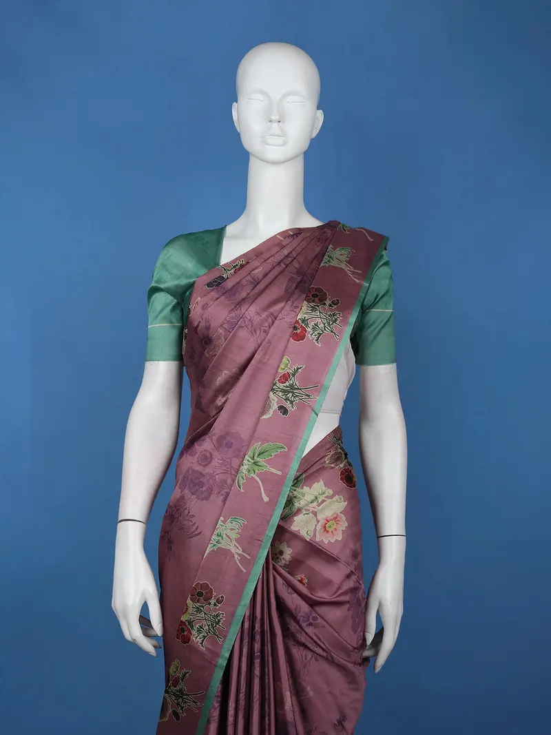 Mauve Floral Printed Tussar Silk Saree With Contrast Green Blouse 2