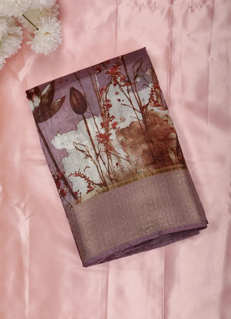 Mauve Lavender Floral Printed Design Mixed Cotton Saree 1