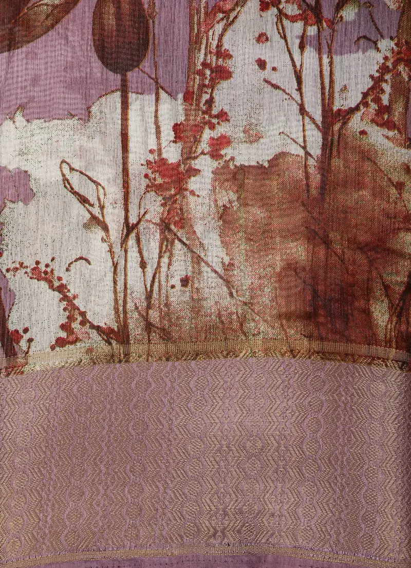 Mauve Lavender Floral Printed Design Mixed Cotton Saree 2