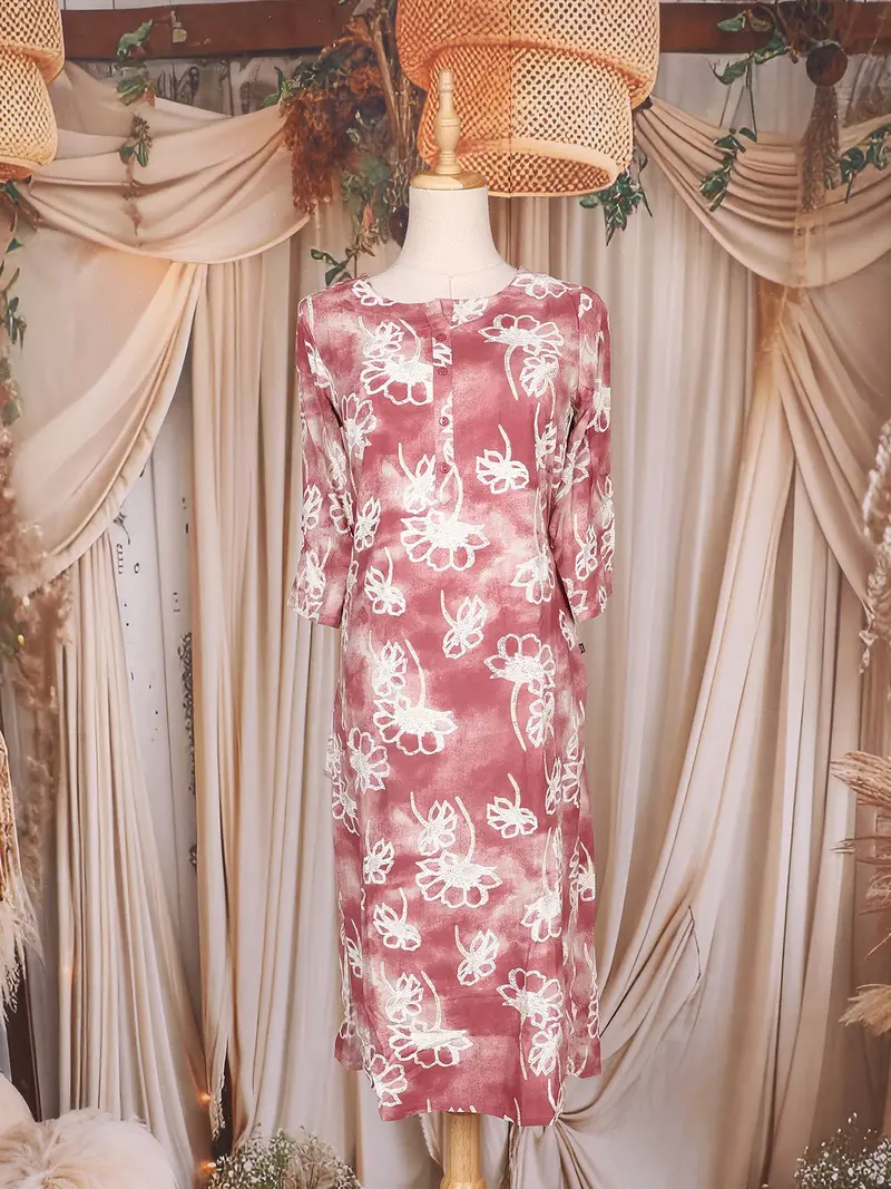 Mauve Pink Floral Embroidered Design Cotton Kurti 1