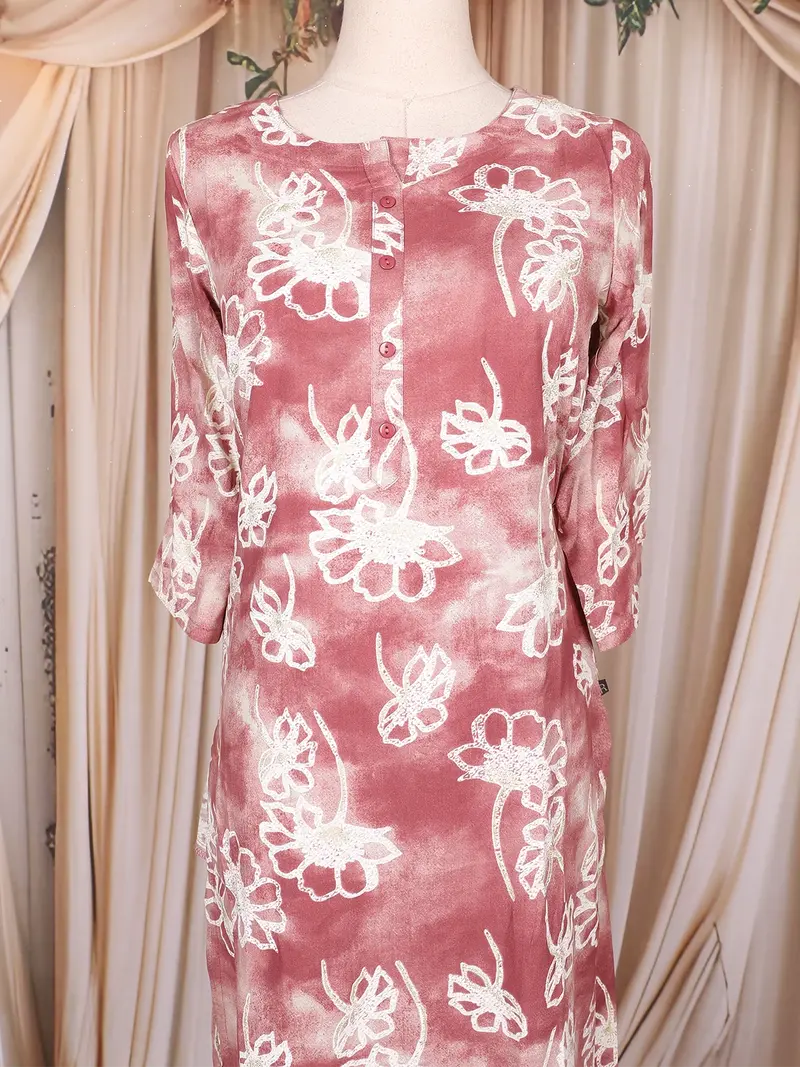 Mauve Pink Floral Embroidered Design Cotton Kurti 2