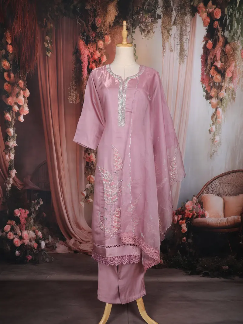 Mauve Pink Leaf Embroidered Design Tissue Straight Cut Salwar Suit 1