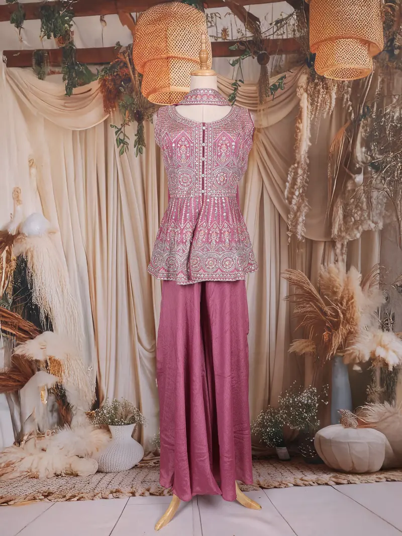 Mauve Pink Mirror And Thread Embroidered Design Tissue Peplum Palazzo Suit 1