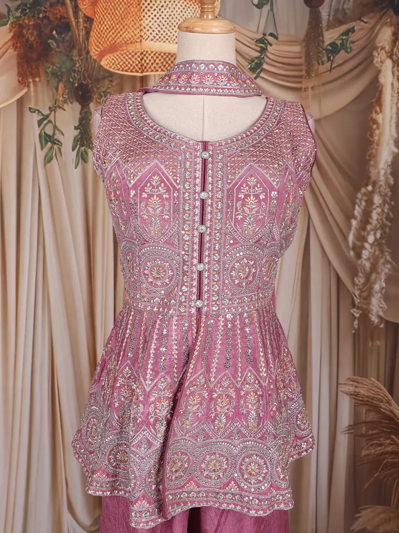 Mauve Pink Mirror And Thread Embroidered Design Tissue Peplum Palazzo Suit 2