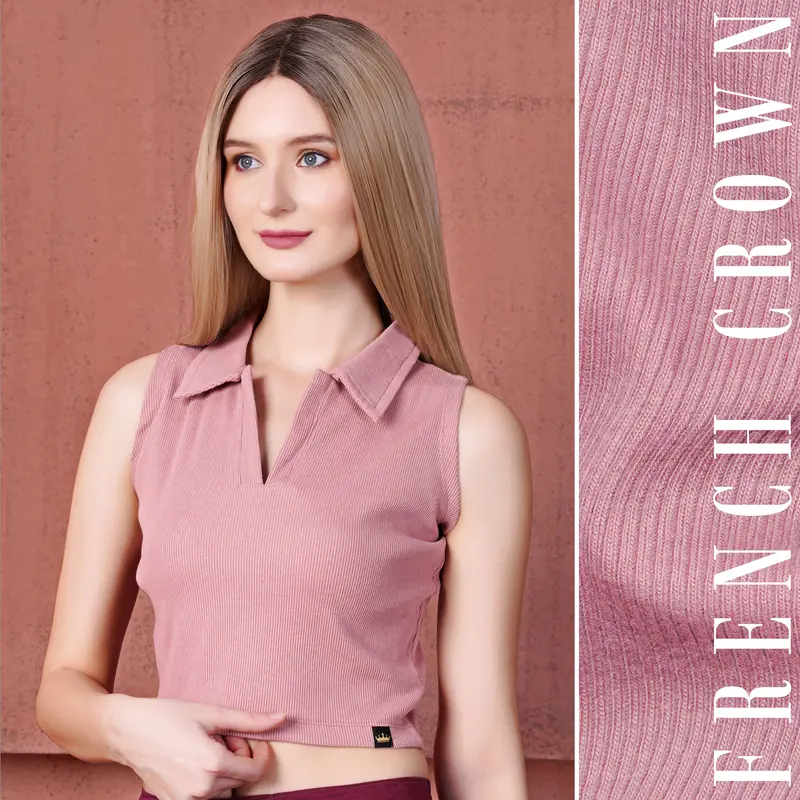 Mauve Pink Premium Cotton Knit Stretchable Crop Top With Polo Collar 1
