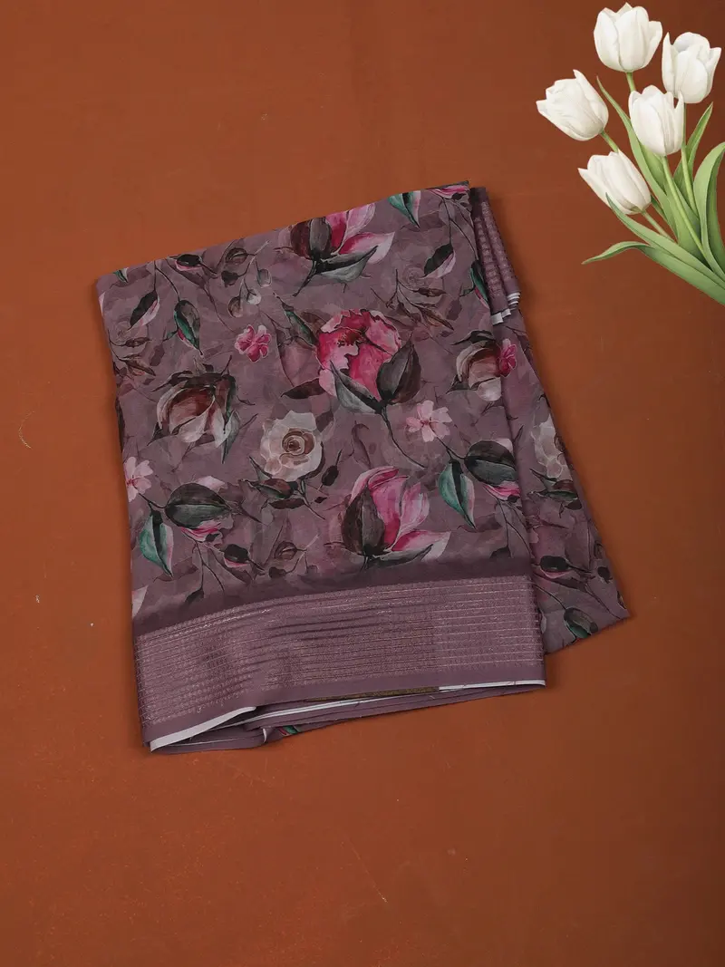 Mauve Purple Floral Printed Design Chiffon Casual Saree With Striped Border 1