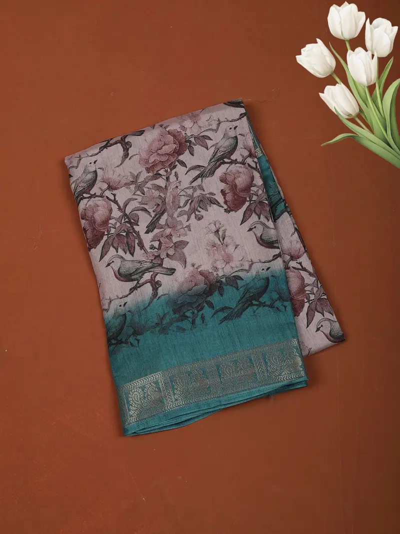 Mauve Purple Floral Printed Design Chiffon Casual Saree With Zari Border 1
