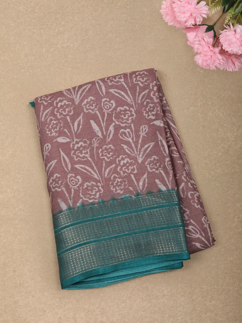 Mauve Purple Floral Printed Design Semi Crepe Saree With Contrast Border 1