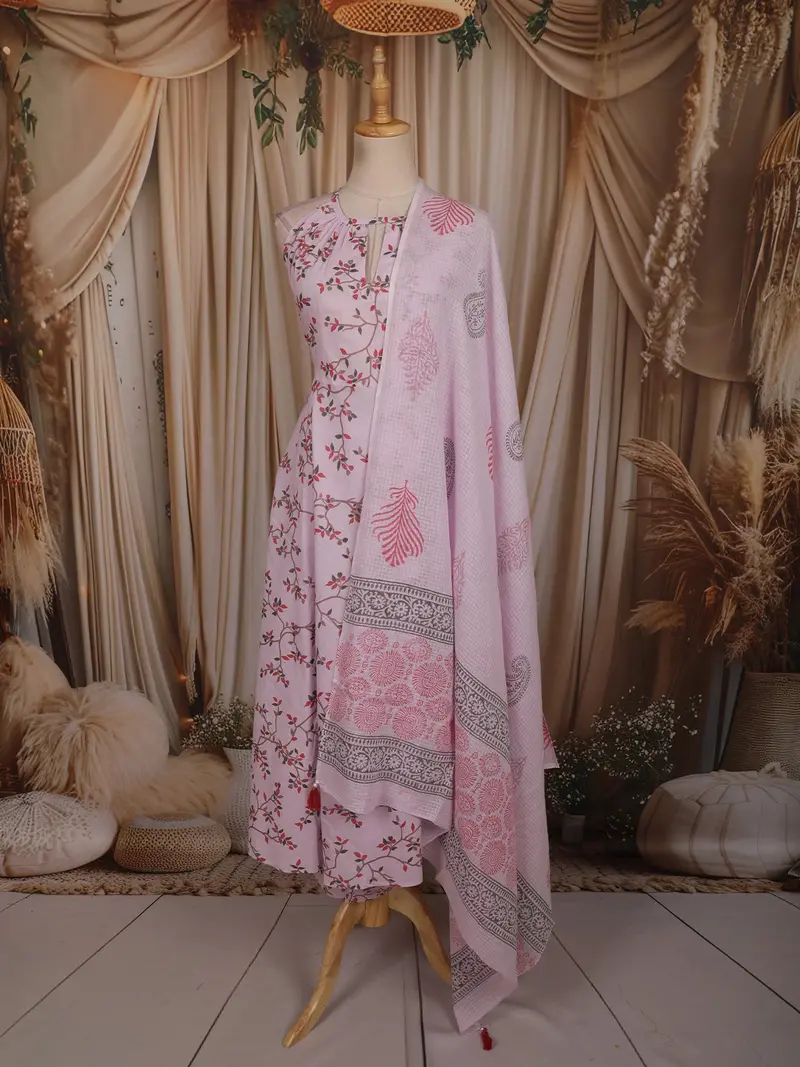 Mauve Purple Floral Wine Printed Design Cotton Anarkali Salwar Suit With Dupatta 1