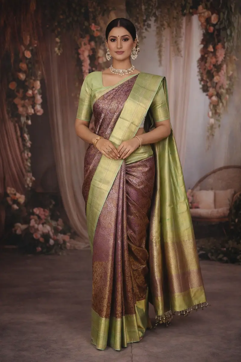 Mauve Purple Floral Zari Woven Design Pure Kanchipuram Silk Saree With Contrast Zari Border 1