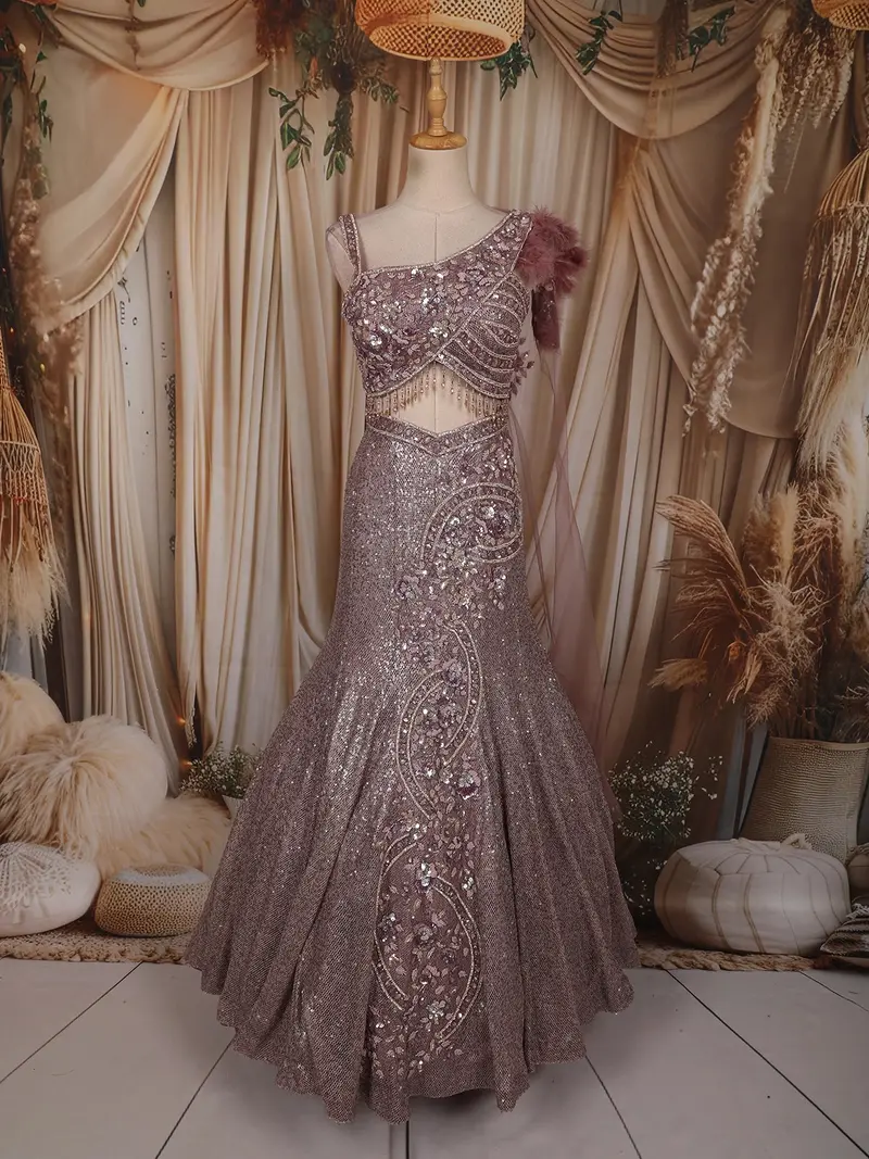 Mauve Purple Heavy Sequins And Beads Embroidered Design Mermaid Sequins Lehenga With Choker Dupatta 1