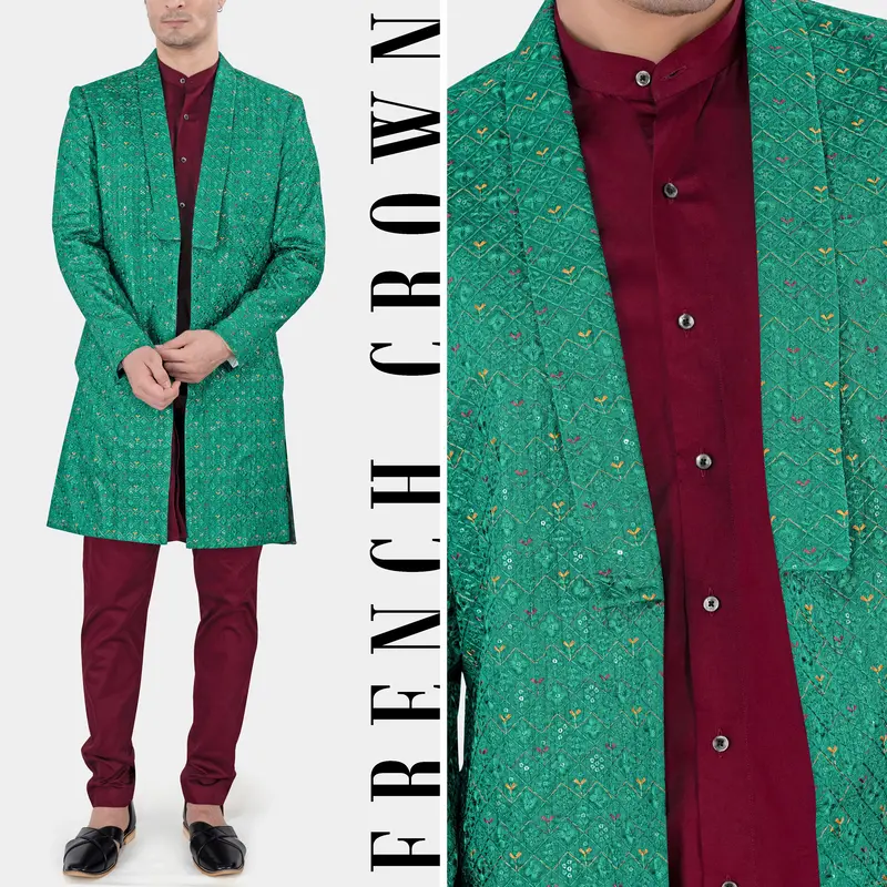 Meadow Green Thread Work Indo Western With Carmine Maroon Kurta And Pajama Set 1