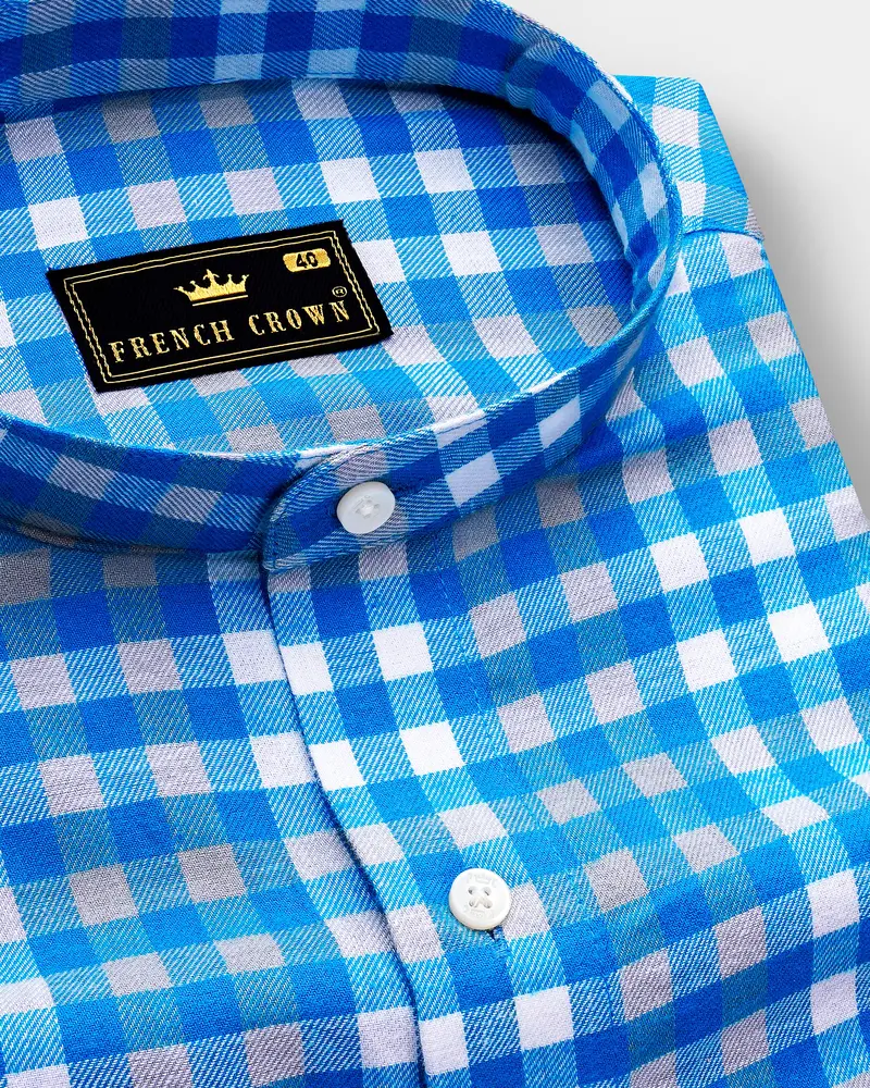 Medium Blue Gingham Twill Premium Cotton Shirt 1