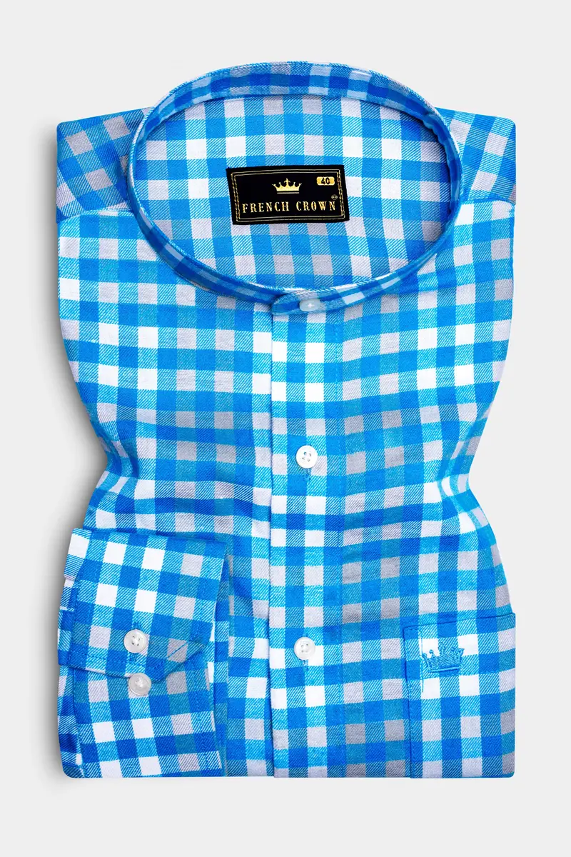 Medium Blue Gingham Twill Premium Cotton Shirt 4