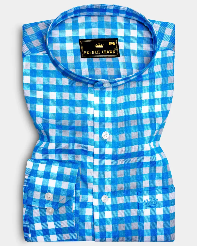 Medium Blue Gingham Twill Premium Cotton Shirt 6