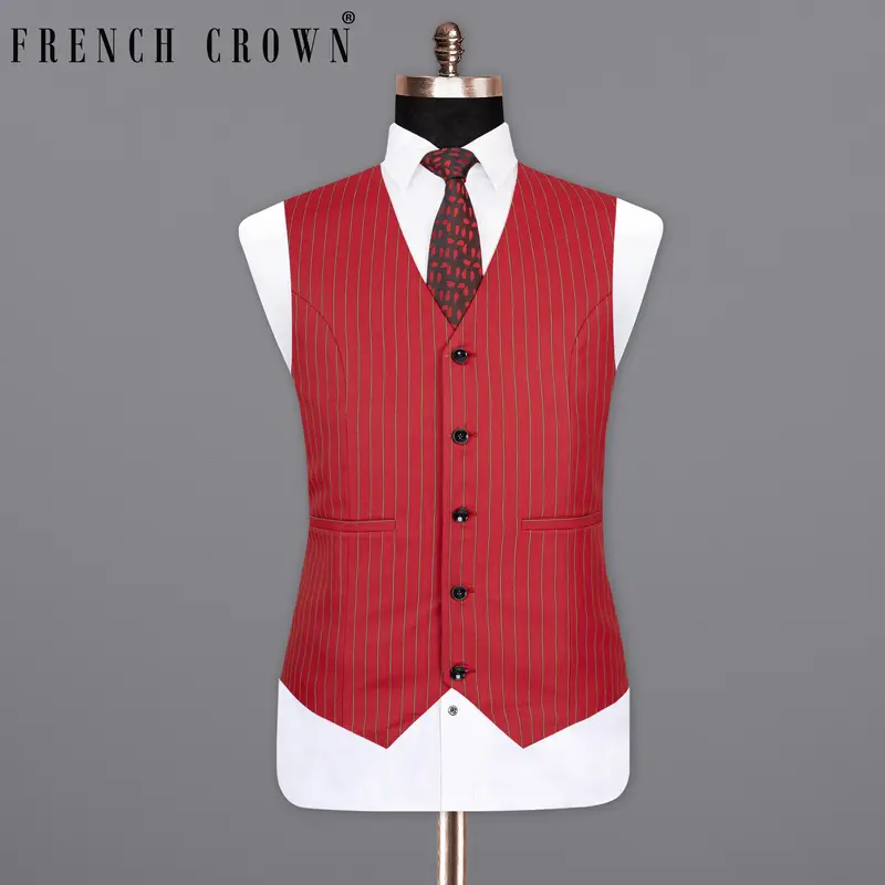 Medium Carmine Red Striped Wool Rich Waistcoat 1