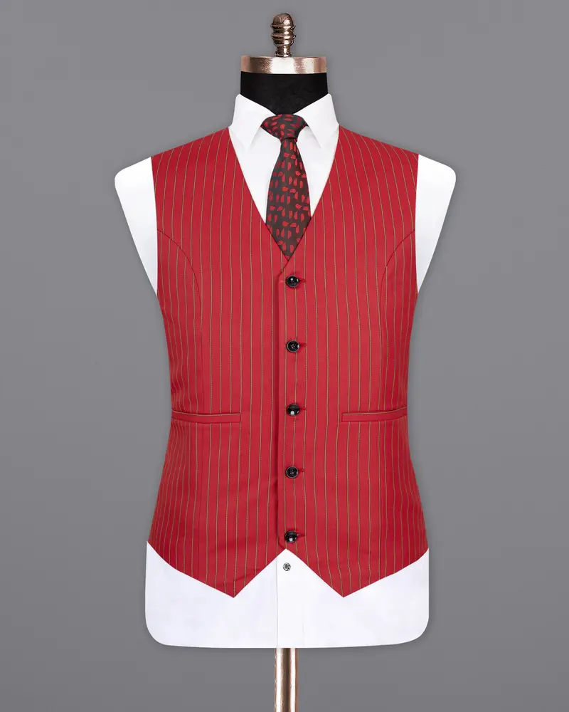 Medium Carmine Red Striped Wool Rich Waistcoat 2