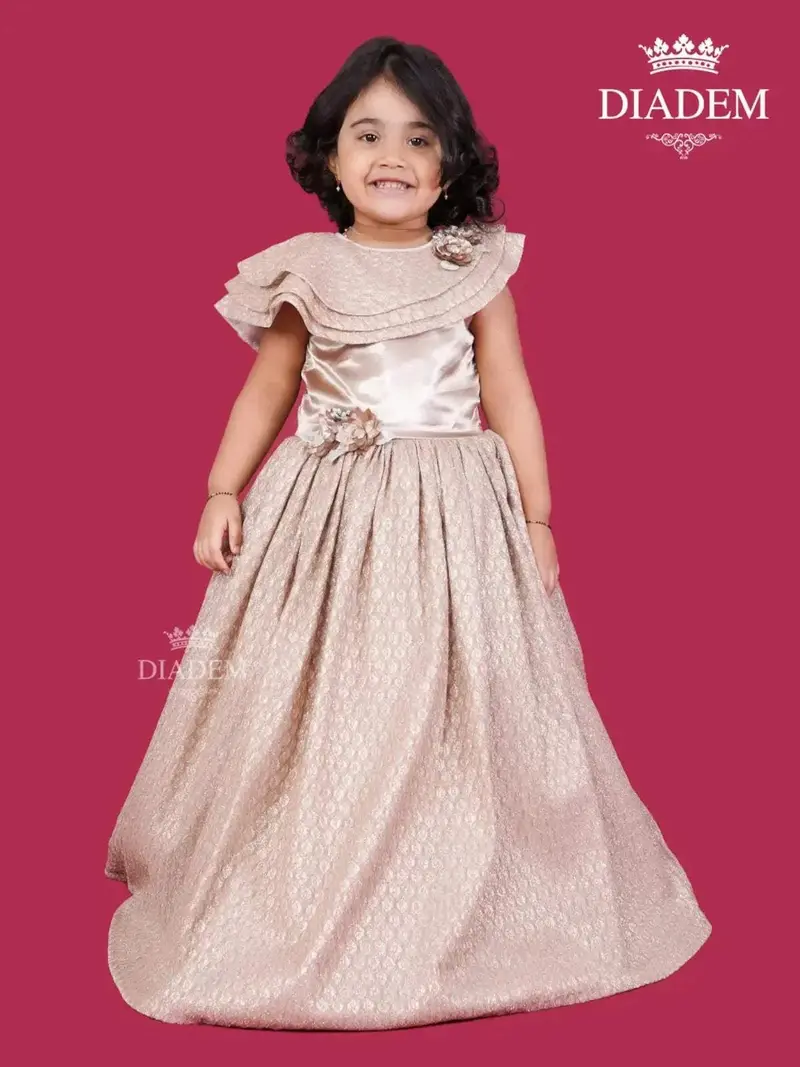 Medium Champagne Gown Adorned In All Over Glitters With Floral Petals 1