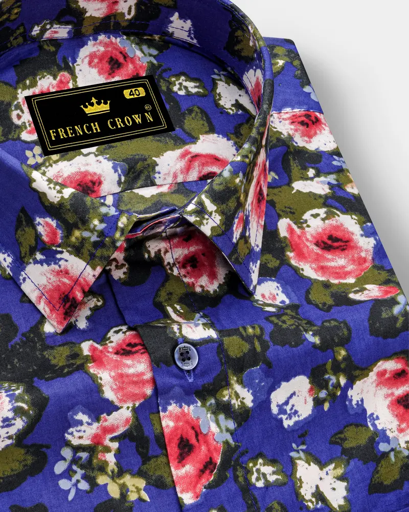 Medium Slate Blue Floral Printed Premium Cotton Shirt 1