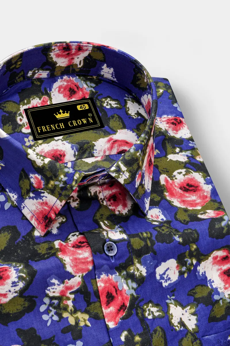 Medium Slate Blue Floral Printed Premium Cotton Shirt 2