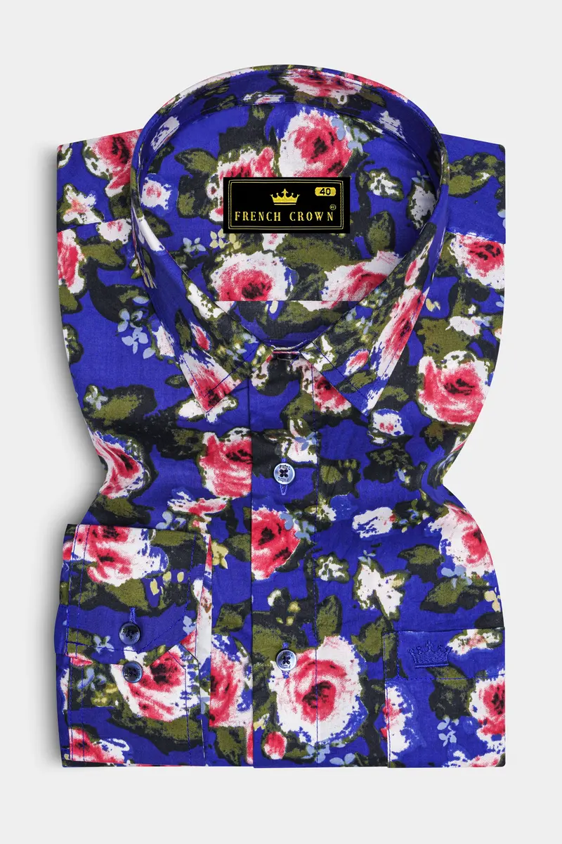 Medium Slate Blue Floral Printed Premium Cotton Shirt 4
