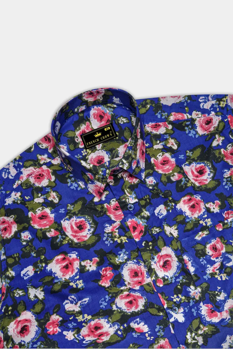 Medium Slate Blue Floral Printed Premium Cotton Shirt 5