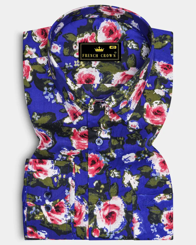 Medium Slate Blue Floral Printed Premium Cotton Shirt 6