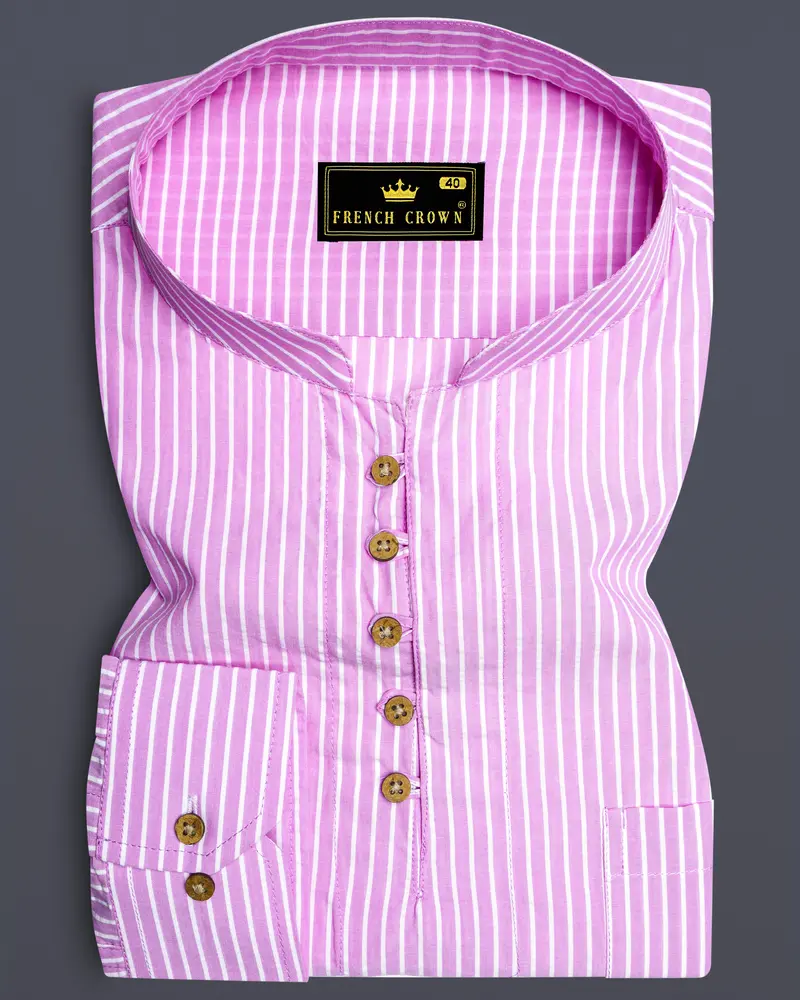 Melanie Pink With White Striped Seersucker Giza Cotton Kurta Shirt 1