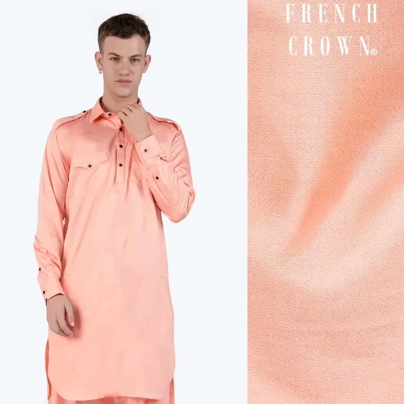 Melon Peach Subtle Sheen Super Soft Premium Cotton Pathani Kurta 1