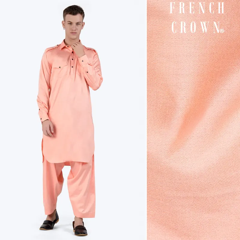 Melon Peach Subtle Sheen Super Soft Premium Cotton Pathani Set 1