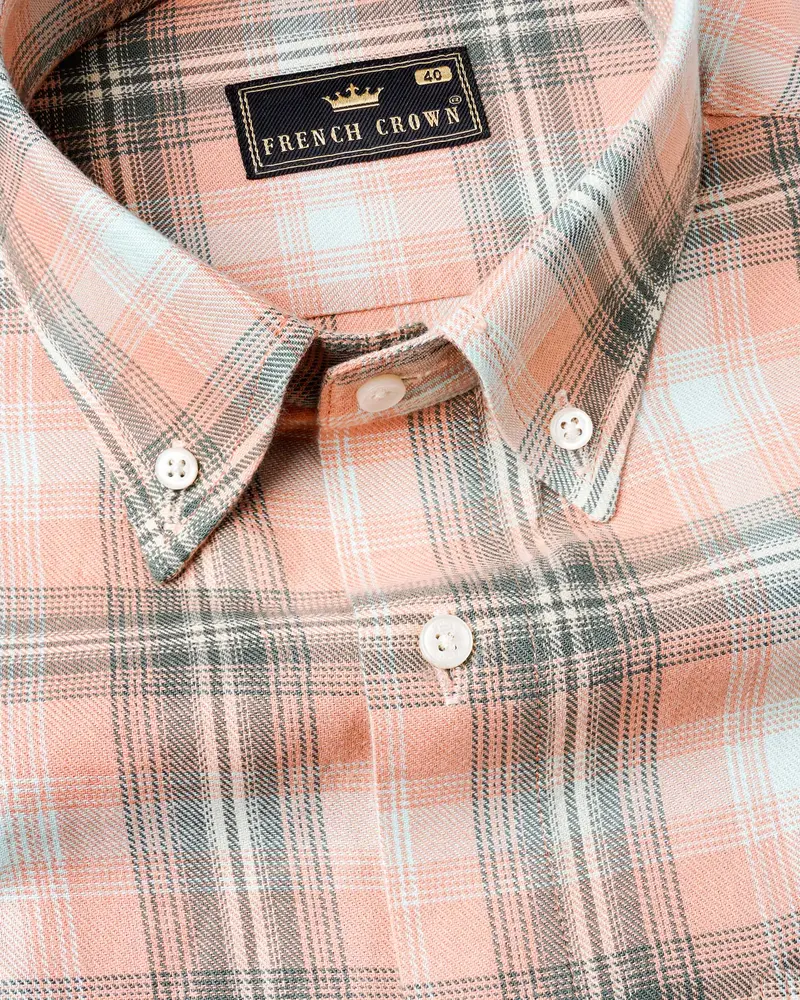 Melon Pink With Concord Light Green Twill Plaid Premium Cotton Shirt 1