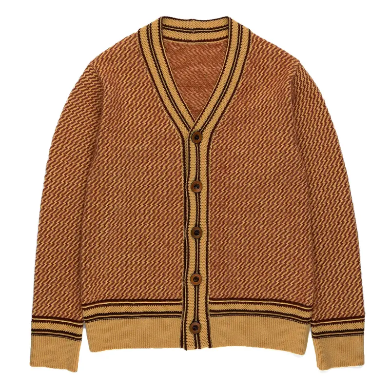 Men’S 60S Chevron Knit Cardigan – Brown & Rust Button-Up V-Neck 1
