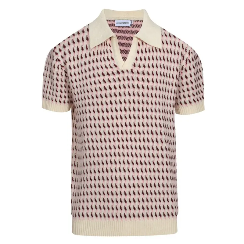 Men's 60S Cream Knit Polo Shirt – Burgundy Micro Pattern Retro Style 1