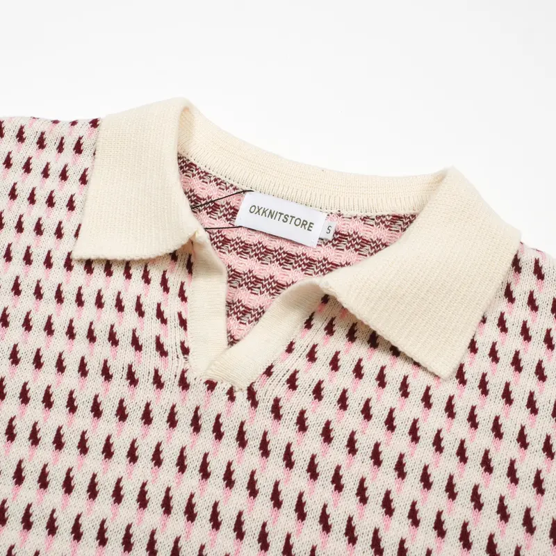 Men's 60S Cream Knit Polo Shirt – Burgundy Micro Pattern Retro Style 3