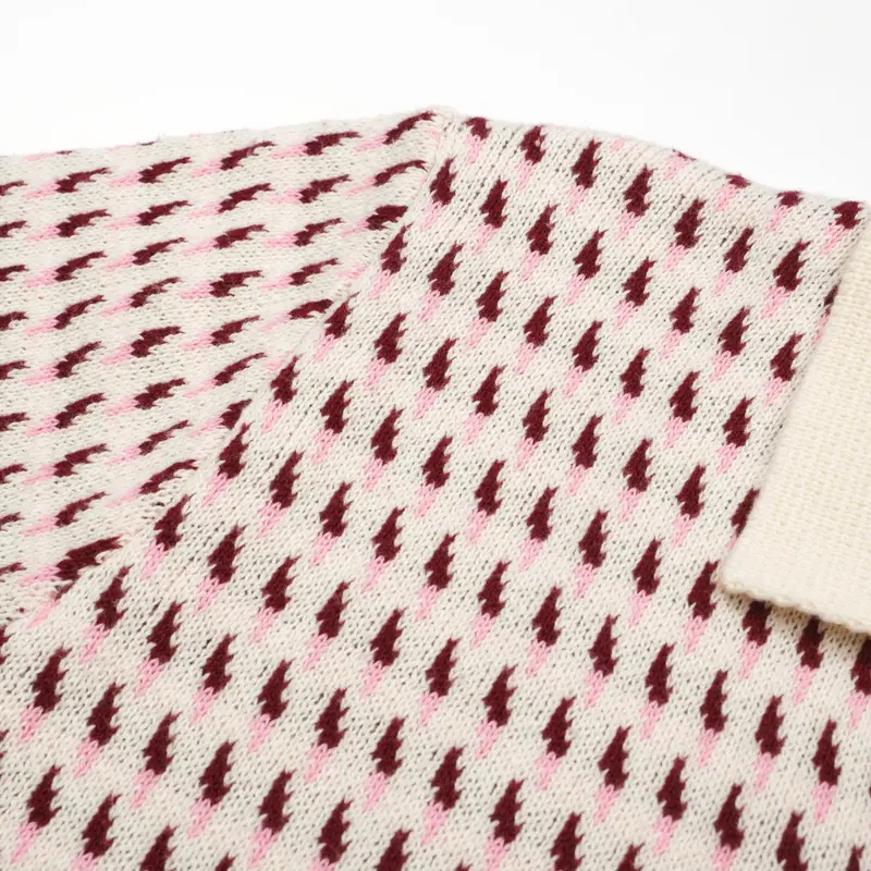 Men's 60S Cream Knit Polo Shirt – Burgundy Micro Pattern Retro Style 4