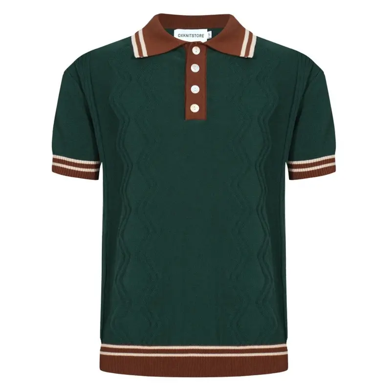 Men's 60S Green Knit Polo Shirt – Retro Brown Collar & Cuffs 1