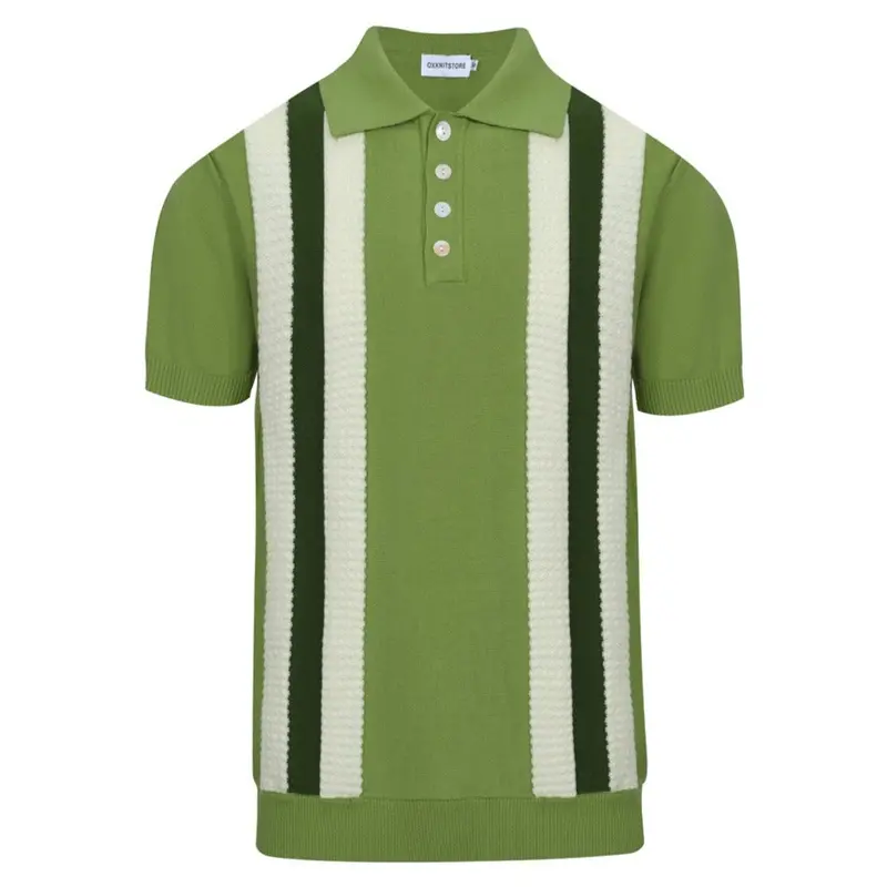 Men's 60S Green Vertical Stripe Knit Polo Shirt – Retro Mod Style 1