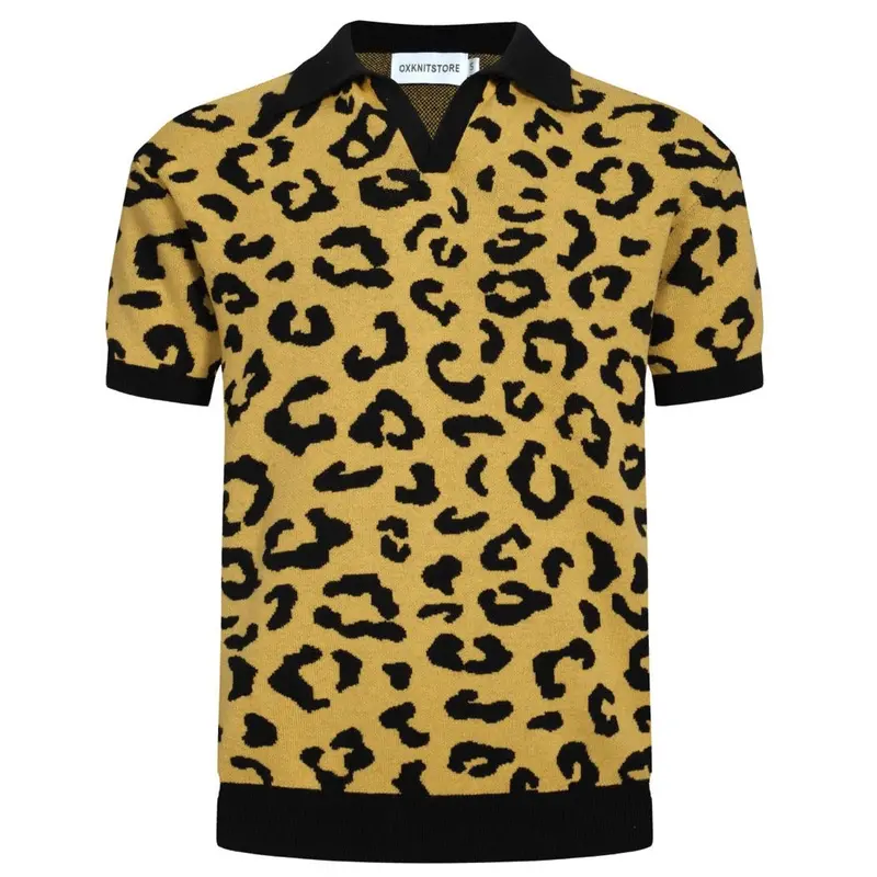 Men's 60S Leopard Print Knit Polo Shirt – Bold Yellow Retro Style 1