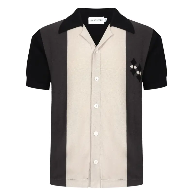 Men's 60S Mod Black & Gray Knit Button Shirt – Diamond Chest Detail 1
