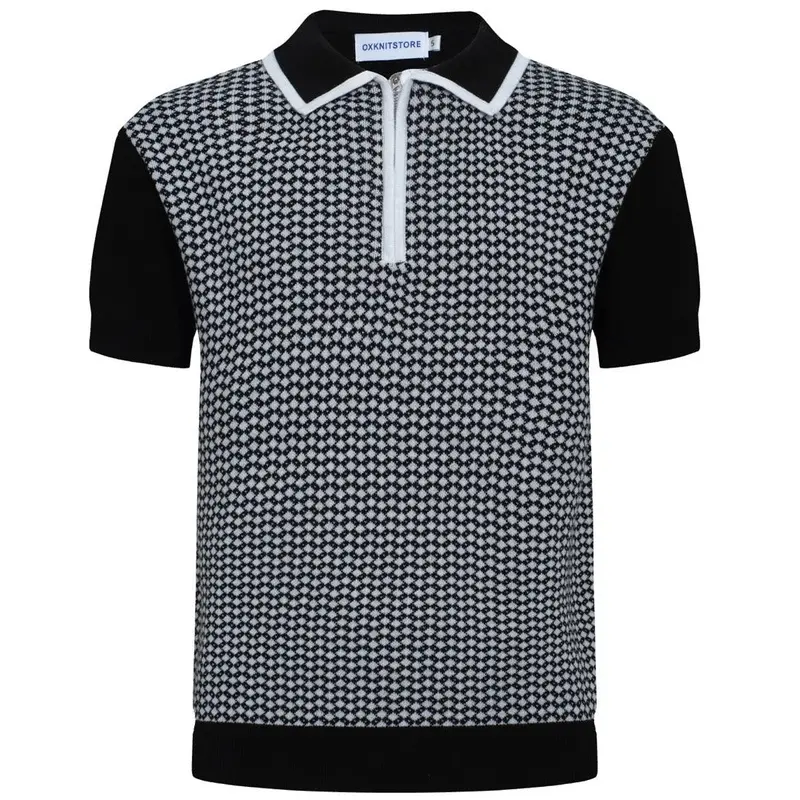 Men's 60S Mod Jacquard Zip Knit Polo – Black & White Diamond Pattern 1