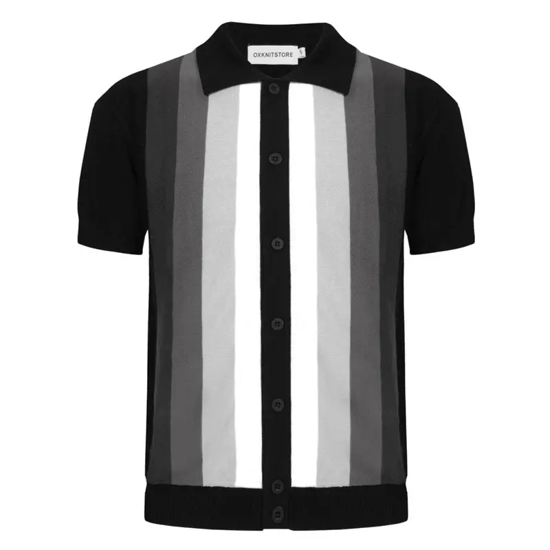 Men's 60S Monochrome Stripe Knit Shirt – Black, White & Grey Button-Up Polo 1