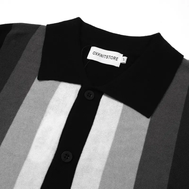 Men's 60S Monochrome Stripe Knit Shirt – Black, White & Grey Button-Up Polo 3