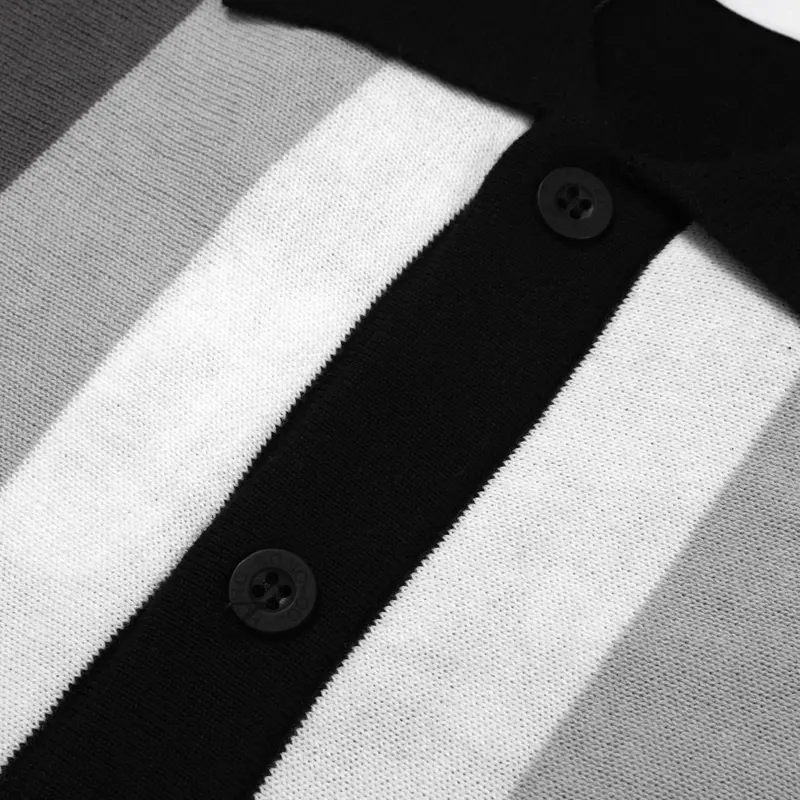Men's 60S Monochrome Stripe Knit Shirt – Black, White & Grey Button-Up Polo 4