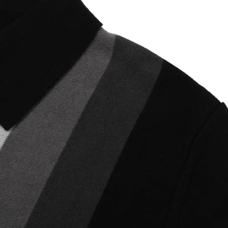 Men's 60S Monochrome Stripe Knit Shirt – Black, White & Grey Button-Up Polo 5