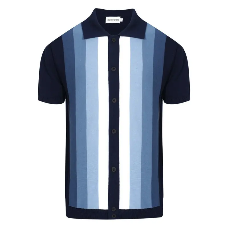 Men's 60S Vertical Stripe Knit Shirt – Navy And Sky Blue Button-Up Polo 1