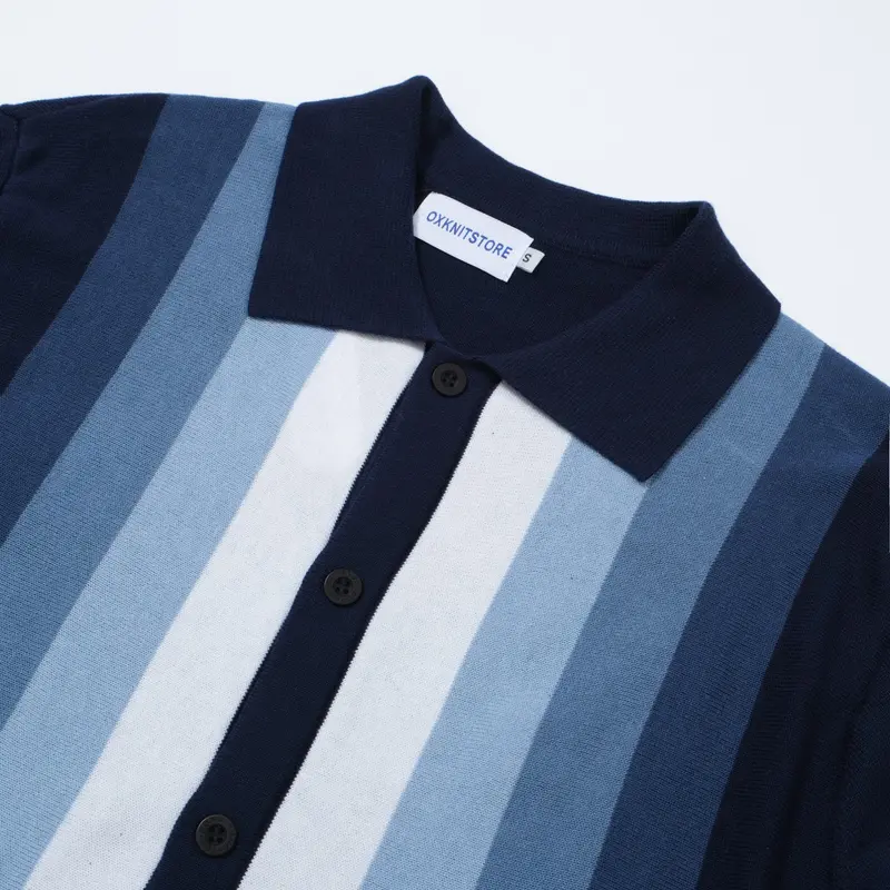Men's 60S Vertical Stripe Knit Shirt – Navy And Sky Blue Button-Up Polo 3