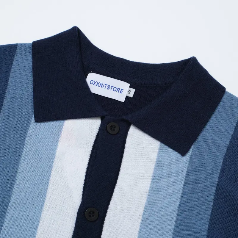 Men's 60S Vertical Stripe Knit Shirt – Navy And Sky Blue Button-Up Polo 7